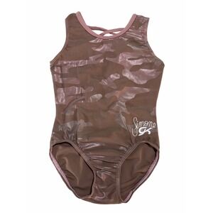 GK Elite Simone Biles Gymnastics Leotard BROWN PINK Tank CAMO Girls SZ: CL (10)
